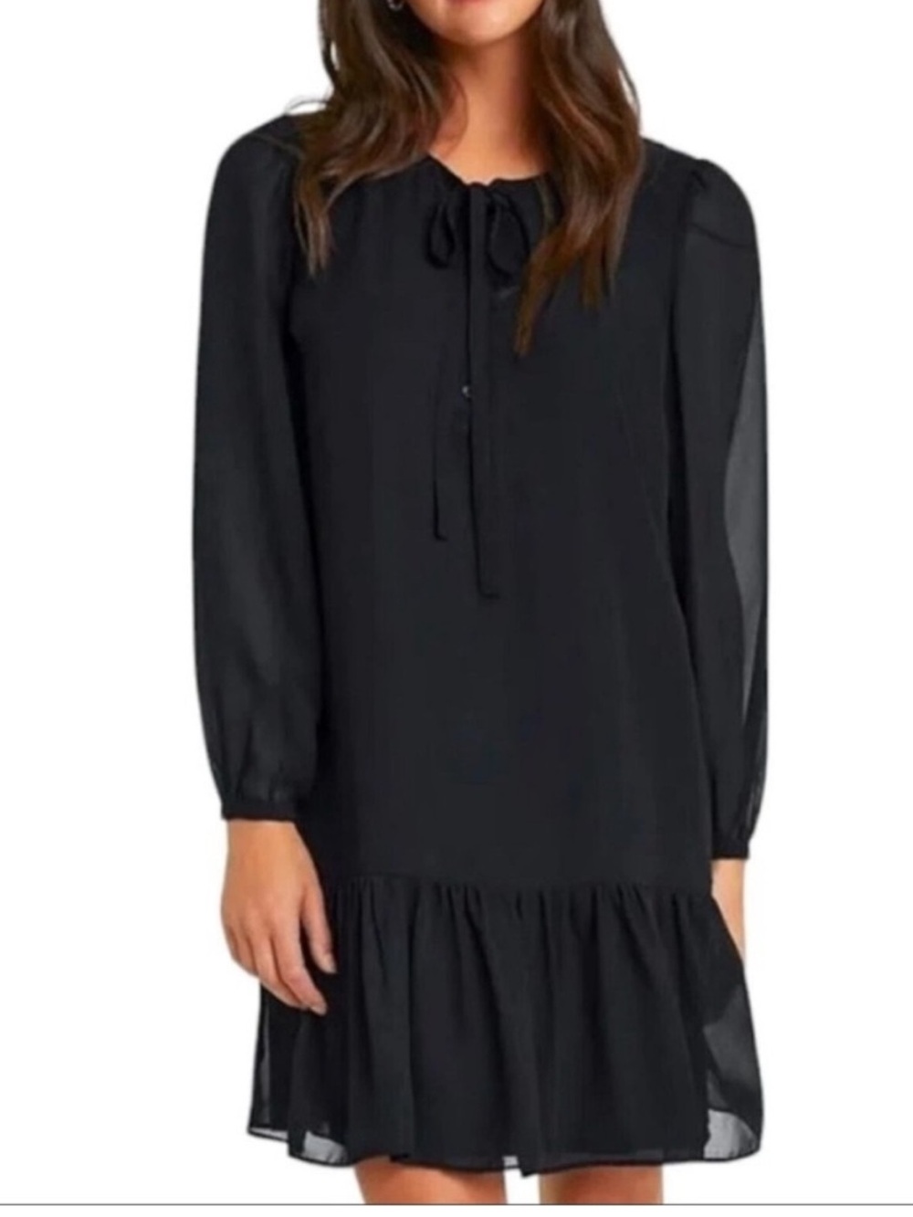 Draper James black tie neck flounce hem dress with sheer sleeves Size XXL